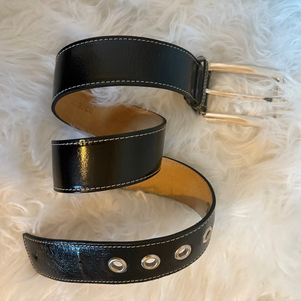Women's DKNY Small Black White Stitch Leather Glazed Calf Belt Small - Picture 9 of 16